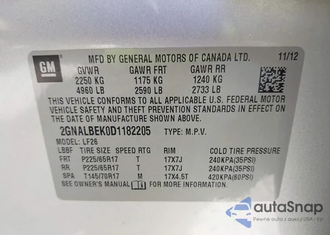 2013 Chevrolet Equinox Ls из США, поврежденный, VIN 2GNALBEK0D1182205